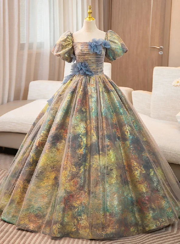 women's smart casual dressesColorful print Puff Sleeve Flower Quinceanera Dress