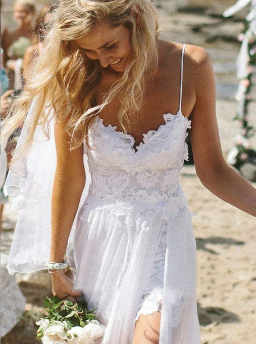 women's vintage dressesSimple Spaghetti-straps Tulle Lace Appliques Beach Sheath Wedding Dress OW345