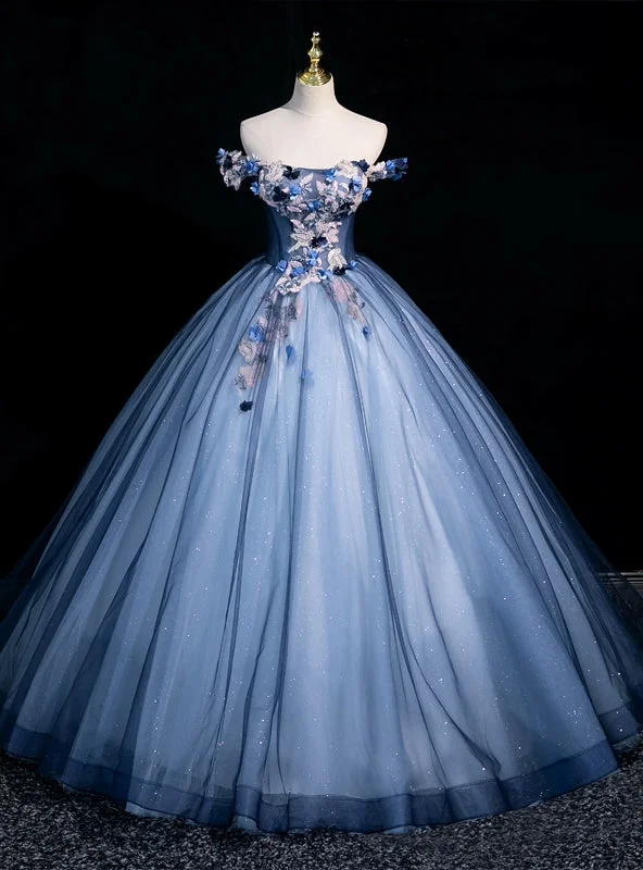 Statement DressBlue Tulle Sequins Off the Shoulder Appliques Ball Gown Quinceanera Dress