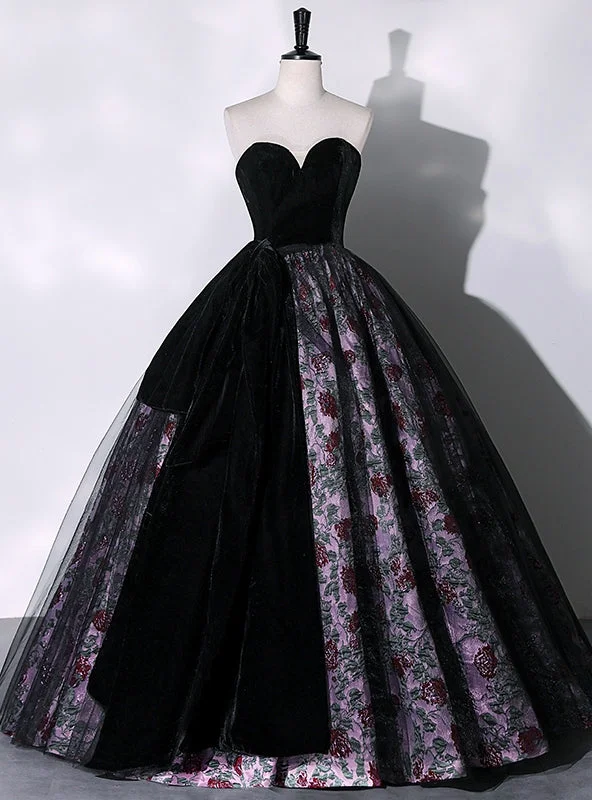 women's petite dressesBlack Tulle Velvet Sweetheart Print Quinceanera Dress