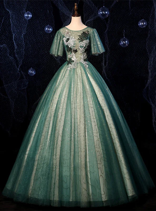 women's unique dressesDark Green Tulle Short Sleeve Appliques Quinceanera Dress