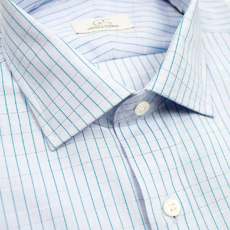 Men's Striped Shirts for a Maritime TwistBlue and Turquoise Satin Check Wrinkle-Free Cotton Dress Shirt with Spread Collar by Cooper & Stewart Men's Striped Shirts for a Maritime TwistBlue and Turquoise Satin Check Wrinkle-Free Cotton Dress Shirt with Spread Collar by Cooper & Stewart