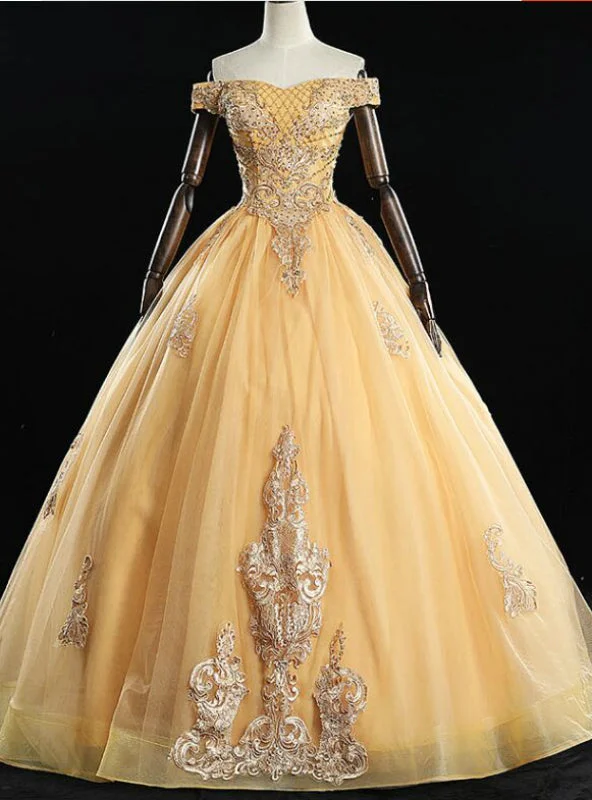 Ribbon DressGet Your Discounts Gold Ball Gown Tulle Appliques Beading Off the Shoulder Quinceanera Dress