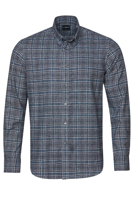 Men's Performance Fabric Shirts for All-Day ComfortMirage Grey, Blue, and White Plaid Brushed Cotton Sport Shirt with Button Down Collar by Leo Chevalier