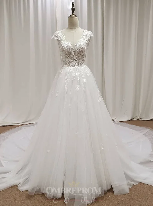 women's chiffon dressesA-Line Deep V-neck Cap Sleeves Bridal Gown Lace Appliques Wedding Dress OW469