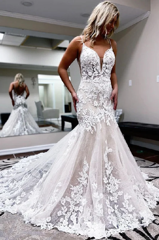 Organza DressMermaid V Neck Lace Wedding Dresses with Appliques N111
