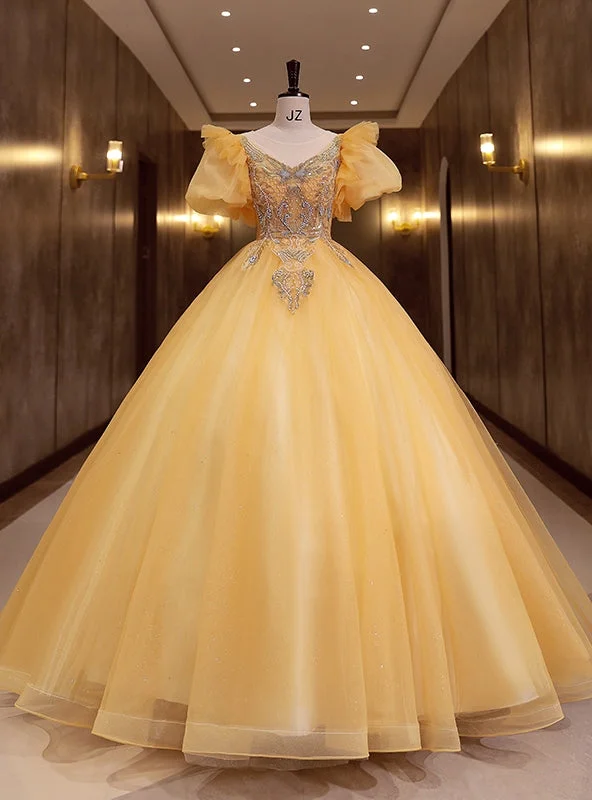 women's cocktail dressesGold Tulle Puff Sleeve Beading Pearls Quinceanera Dress