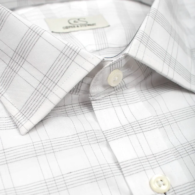 Men's Limited Edition Shirts for ExclusivitySoft Grey Plaid Stretch Cotton Wrinkle-Free Dress Shirt with Spread Collar by Cooper & Stewart