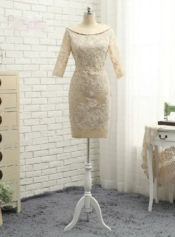 A-Line DressElegant Champagne Mother Of The Bride Dresses Sheath Long Sleeves Lace