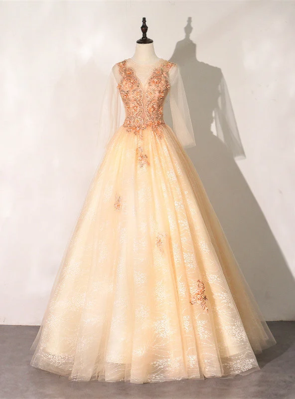 Bohemian DressChampagne Tulle Long Sleeve Appliques Beading Quinceanera Dress