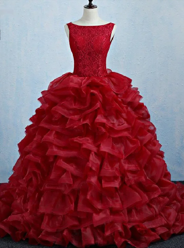 Tea-Length DressBurgundy Tulle Lace Backless Quinceanera Dress
