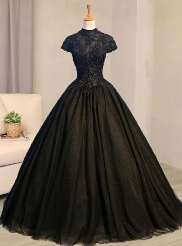 Beaded DressGet Your Discounts Black Ball Gown Tulle High Neck Cap Sleeve Backless Quinceanera Dress