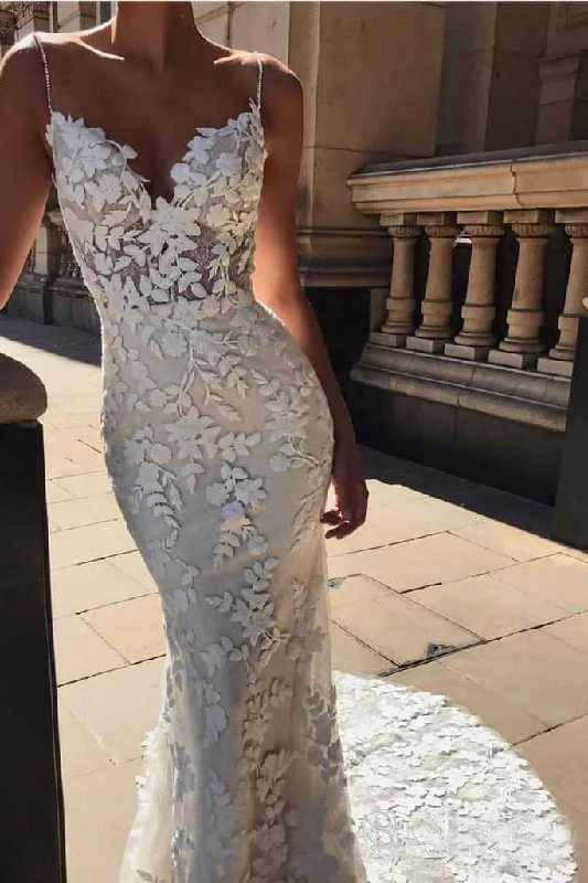 women's empire-line dressesVintage Spaghetti Strap Mermaid Lace Appliques Wedding Dress Boho Bridal Dress N1501