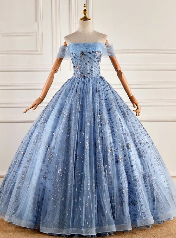 women's bridesmaid dressesBlue Tulle Sequins Pearls Quinceanera Dress