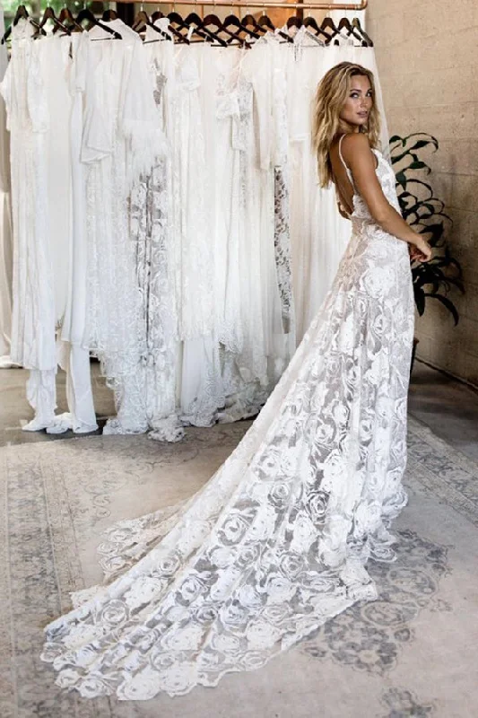 women's silk dressesSpaghetti Straps Backless Lace Wedding Dresses Lace Boho Wedding Dresses N2212