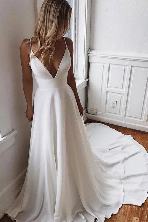 women's stylish dressesSpaghetti Strap V-Neck Beaded Beach Wedding Dress