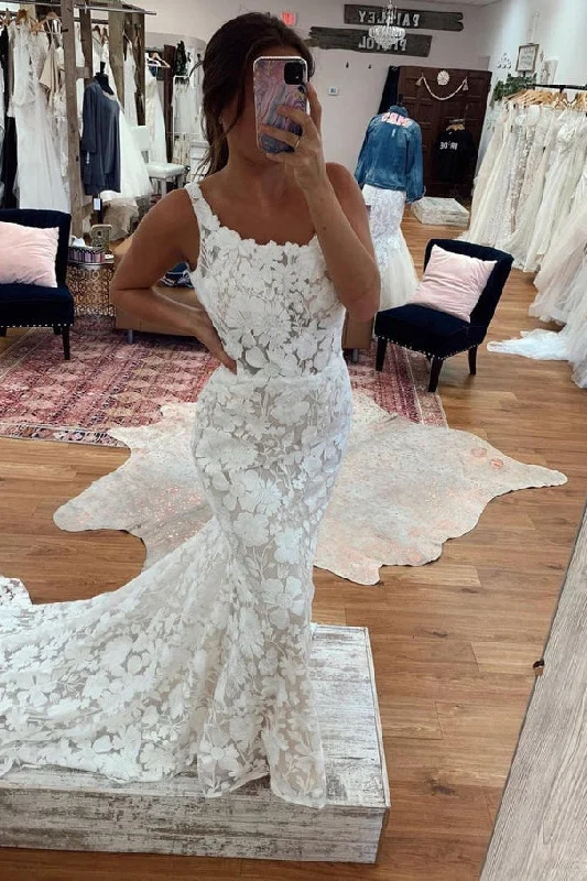 Bridesmaid DressGorgeous Mermaid Lace Square Neck White Lace Wedding Dresses N136