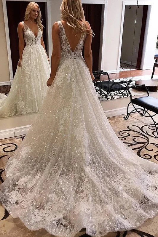 Zip-Up DressNewest V-Neck Backless Ivory Sparkly Lace Wedding Dresses Bridal Gowns Y0034