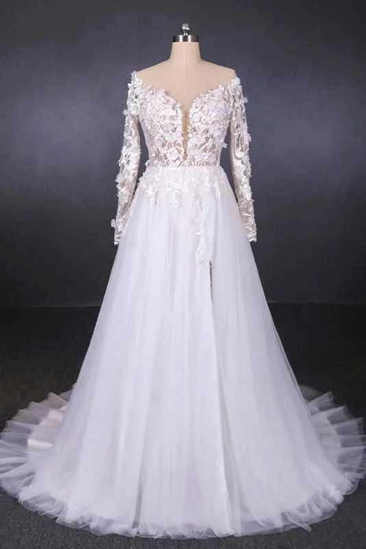women's lightweight dressesWhite A Line Tulle Long Sleeves Wedding Gown Bridal Dresses with Lace Appliques N2308