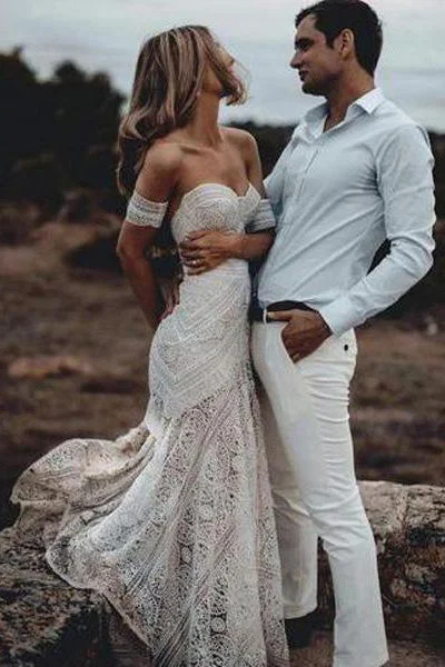 women's cinched-waist dressesMermaid Lace Sweetheart Elegant Boho Wedding Dresses