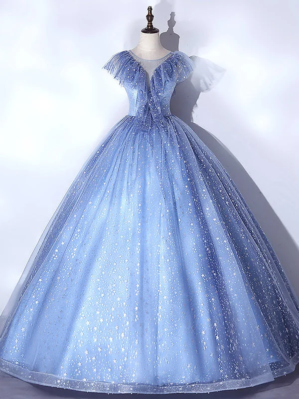 Chic DressBlue Tulle Sequins Illusion V-neck Quinceanera Dress