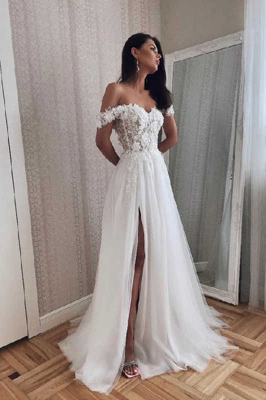 Vintage DressCharming A Line Off the Shoulder Tulle Wedding Dresses with Appliques N080