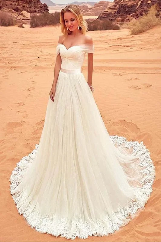 women's satin dressesCharming Off the Shoulder Tulle Long Beach Wedding Dresses with Lace Appliques N2526