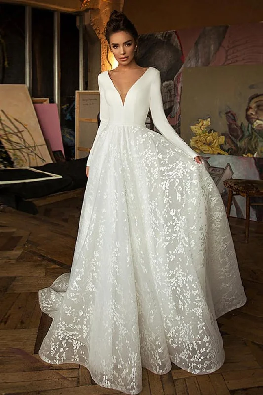 women's party dressesElegant A Line Long Sleeves V-Neck Wedding Dresses