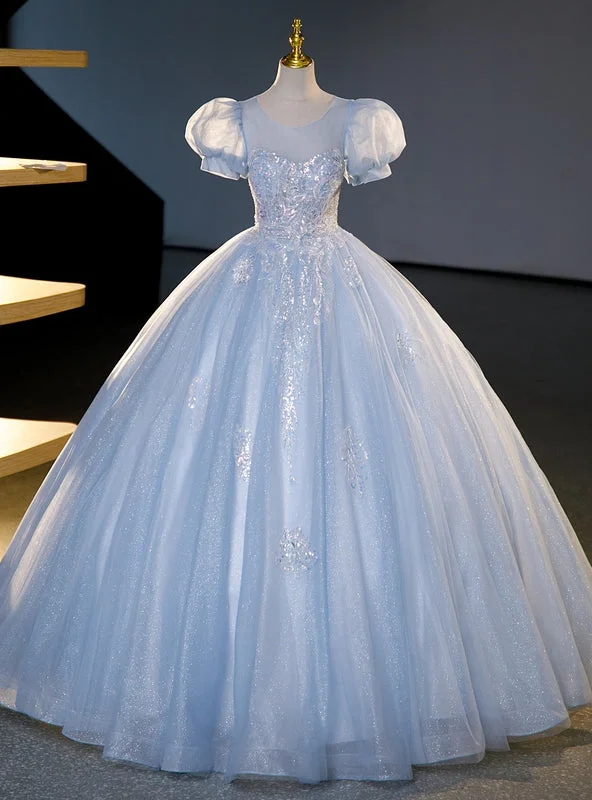 Tiered DressBlue Tulle Puff Sleeve Backless Sequins Quinceanera Dress