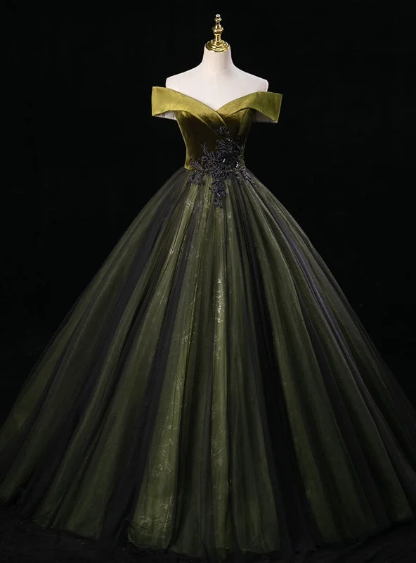 women's trendy dressesDark Green Tulle Sequins Off the Shoulder Appliques Quinceanera Dress