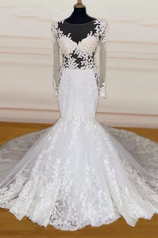 High-Low DressElegant Long Scoop Neck Mermaid Wedding Dresses With Sleeves Y0168