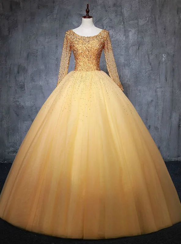 Floral DressFor Your Big Night Gold Ball Gown Tulle Long Sleeve Beading Sequins Quinceanera Dress