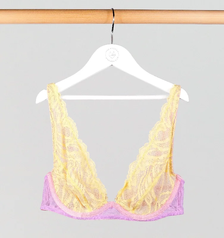 Lemon lace & violet mesh high apex plunge