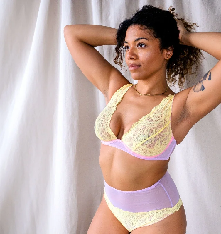 Lemon lace & violet mesh high apex plunge