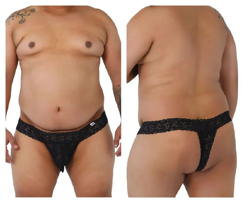 CandyMan 99315X  Peek a Boo Lace Thongs Black Plus Sizes