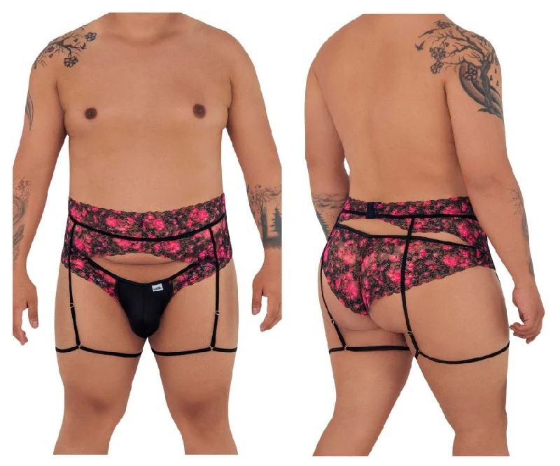 CandyMan 99576X Lace Garter Thongs Black Print Plus Sizes