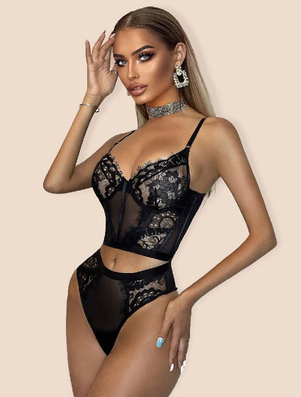 Eyelash Lace Corset Bra and Panty Set