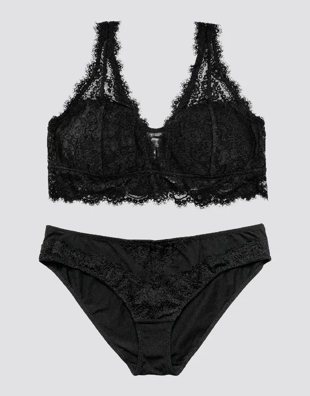 Floral Jacquard Plunge Bralette Set - Black