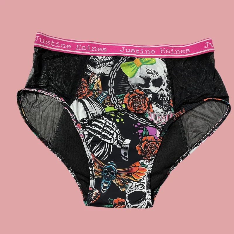 HighRise & Side Peek-a-Boo Mesh in Skulls & Roses IN SIZE XSMALL