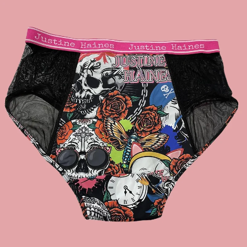 HighRise & Side Peek-a-Boo Mesh in Skulls & Roses IN SIZE XSMALL