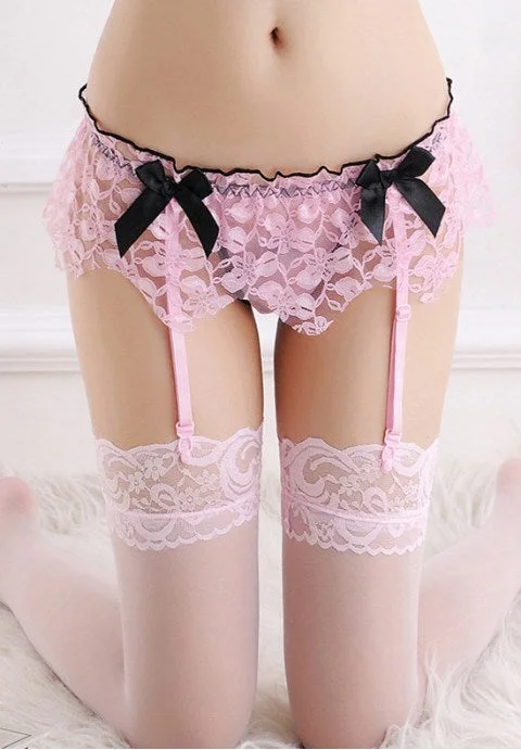 Women's Sexy Lovely Lace Floral Bow Garter Belt Panty