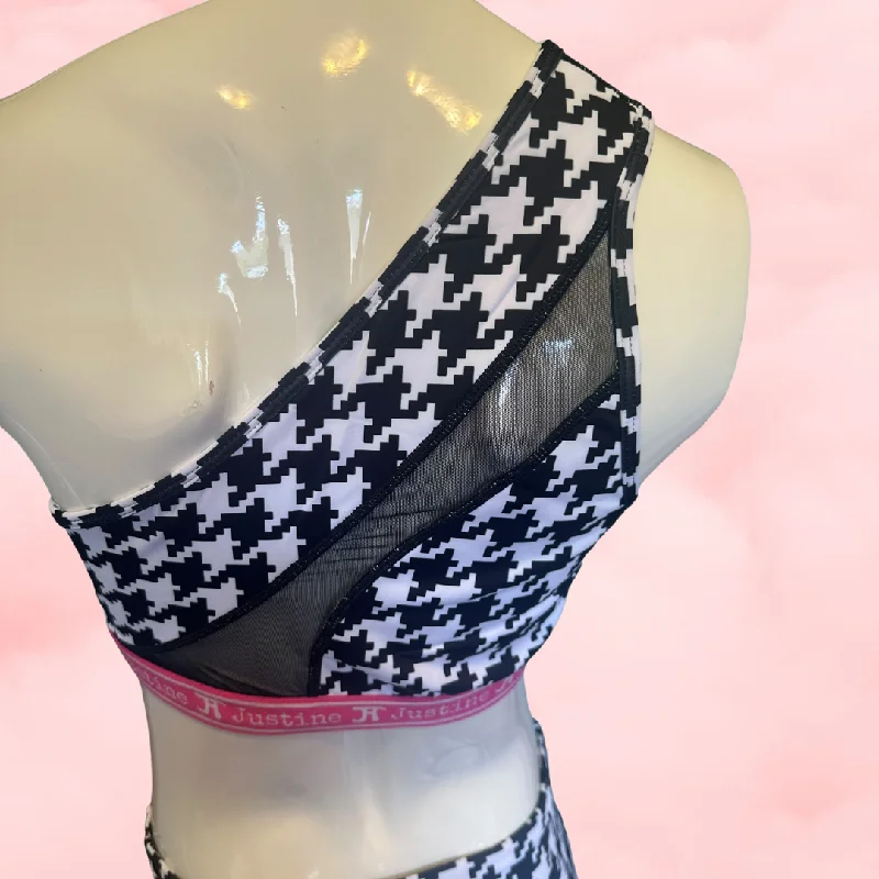 One Shoulder Sports Bra with see thru Mesh insert in B&W Herringbone