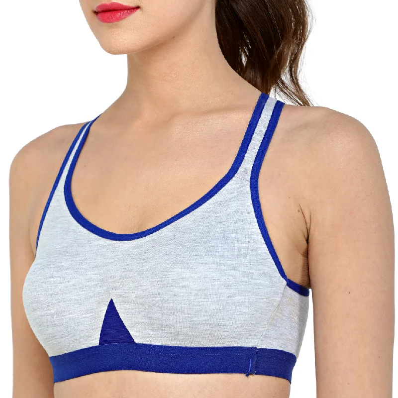 Deevaz Non-Padded Cotton Rich Cross Back Sports Bra In Blue Melange Colour Detailing.