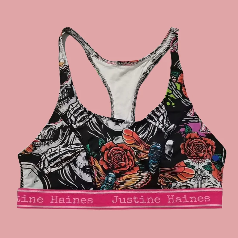 T-Back Racer Sports Bra in Skulls & Roses