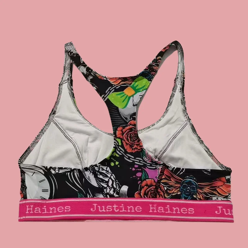 T-Back Racer Sports Bra in Skulls & Roses