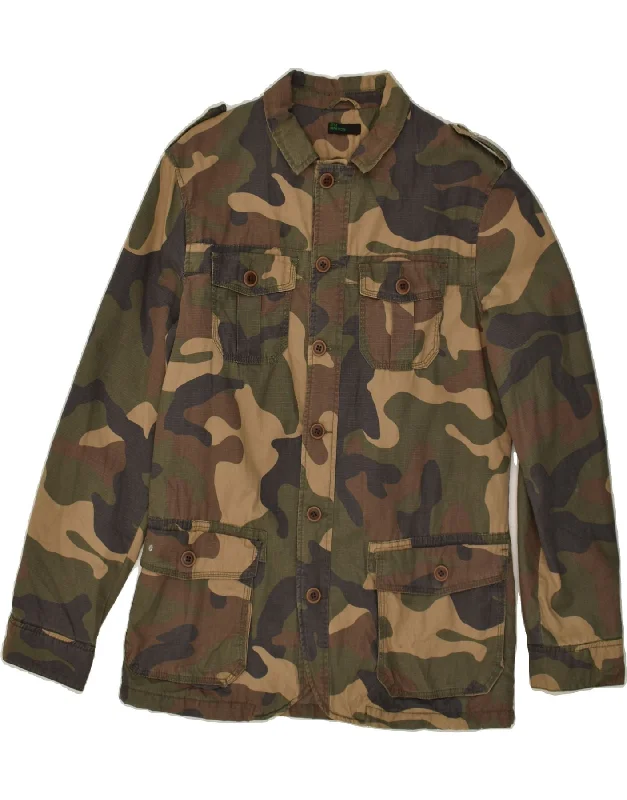 Men's Coats with Vintage StyleBENETTON Mens Military Jacket IT 50 Large Khaki Camouflage Cotton