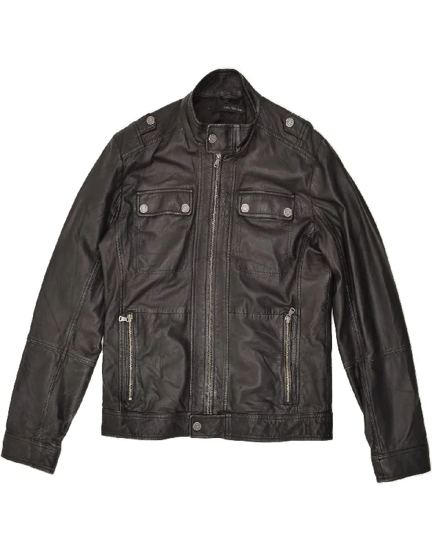 Men's Coats with Magnetic ClosuresCALVIN KLEIN JEANS Mens Leather Jacket UK 40 Large Black Leather