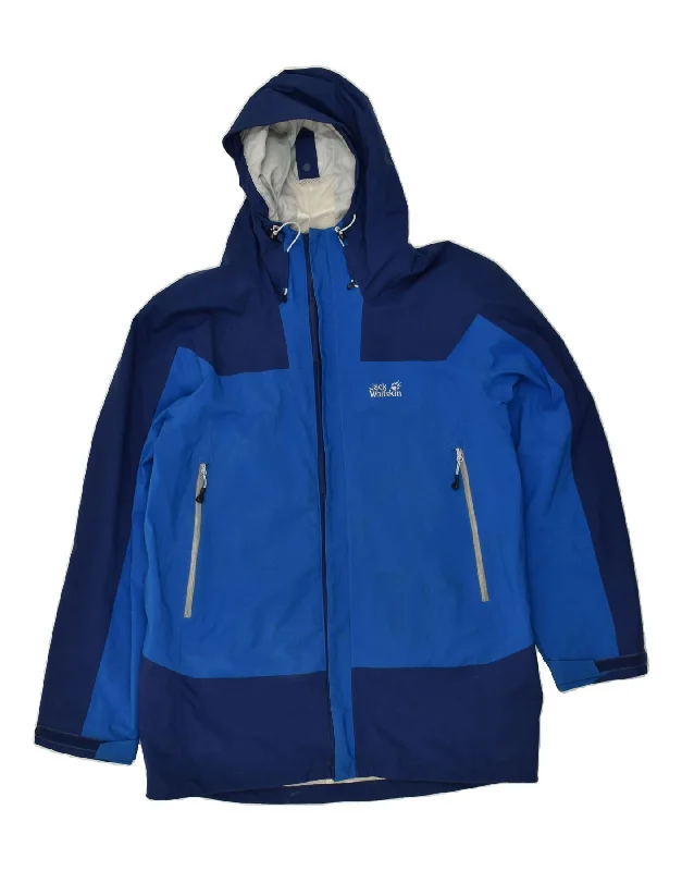 Men's Coats with Military InfluenceJACK WOLFSKIN Mens Hooded Rain Jacket IT 50 Large Navy Blue Colourblock