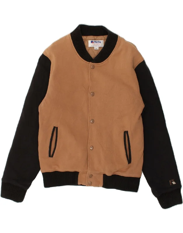 Men's Coats for RunningRUSSELL ATHLETIC Mens Varsity Jacket UK 38 Medium Brown Colourblock Cotton