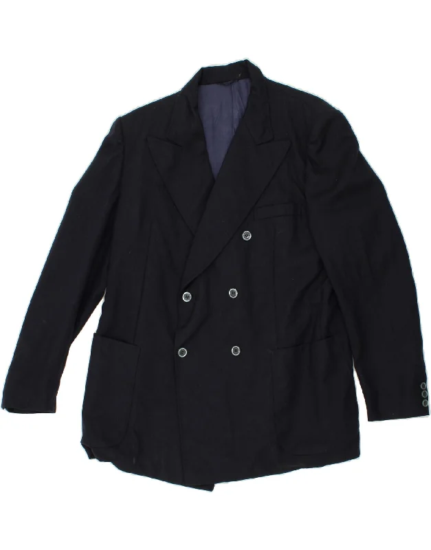 Men's Coats with Hand WarmersVINTAGE Mens Double Breasted Blazer Jacket IT 54 2XL Navy Blue Virgin Wool